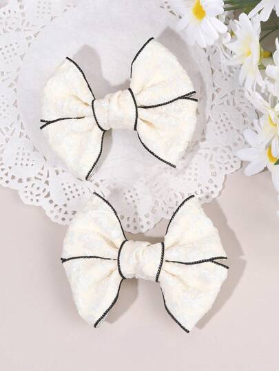 2 件装女孩米色蝴蝶结发饰优雅米色蝴蝶结发夹配黑色有线边缘纯色蝴蝶结发夹纯色花朵图案发夹女孩节日派对日常头饰儿童婴儿发饰