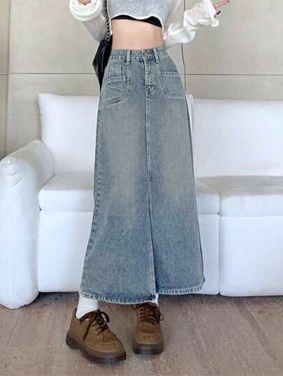 Women's Casual Denim Maxi Skirt With Pocket And Side Slit