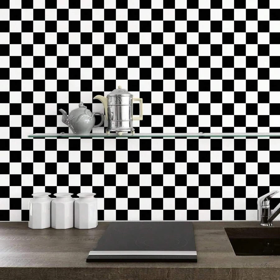 1 Rollo de papel tapiz autoadhesivo a cuadros blanco y negro. Papel contact a rayas para encimeras, impermeable, con diseño de cuadros, papel tapiz removible para paredes, dormitorio, sala de estar, gabinete, muebles, renovación DIY. Fácil de instalar y limpiar, decoración de pared.