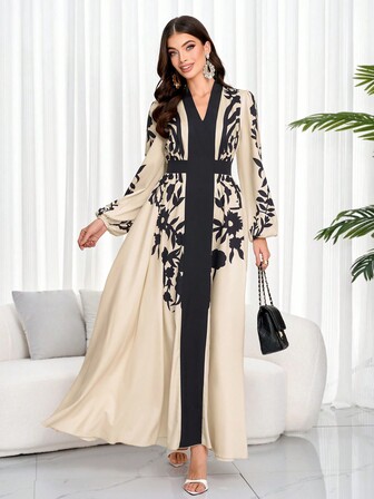 女士优雅花卉印花束腰连衣裙（随机印花），端庄