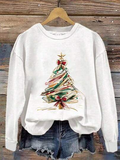 Felpa casual a maniche lunghe con scollo rotondo da donna, senza cappuccio, con stampa dell'albero di Natale, adatta per l'autunno e l'inverno
