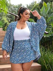 Plus Size 2-Piece Shorts And Kimono Set - Printed Blue - View 3
