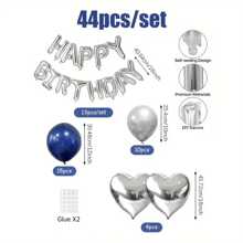 44pcs Silver Happy Birthday Balloon Set 16 Inch Silvery Foil Letter Heart Balloon With Navy Blue Silver Latex For Birthday Party Decorations
