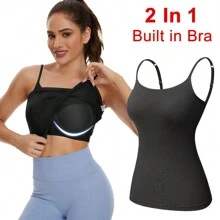 2 In 1 Built In Bra Women Cami Vest Camisole Tank Top Ladies Underwear Undershirts Casual Shelf Bra Spaghetti Straps - Black - View 1