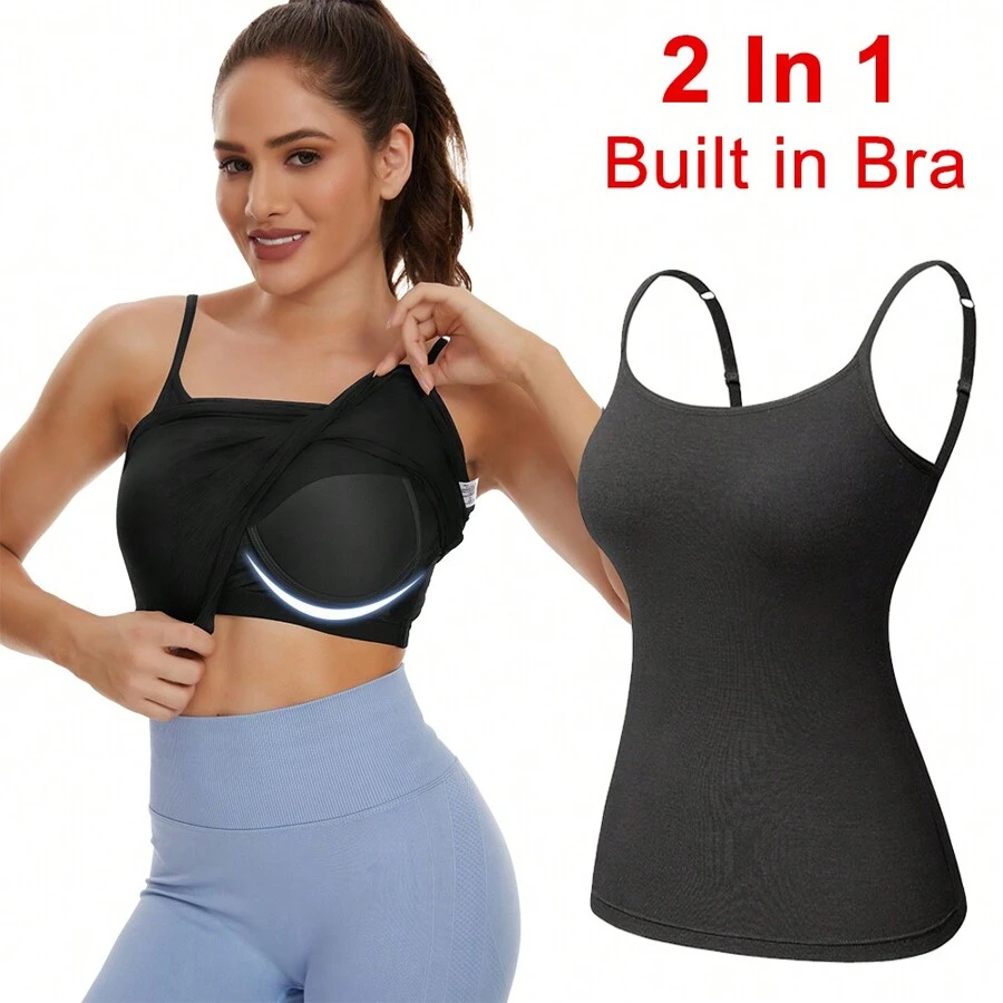 2 In 1 Built In Bra Women Cami Vest Camisole Tank Top Ladies Underwear Undershirts Casual Shelf Bra Spaghetti Straps - Black - View 1
