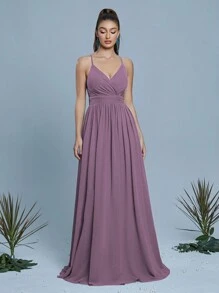 Solid Color Lace Patchwork Backless Halter Bridesmaid Dress - Dusty Purple - View 3