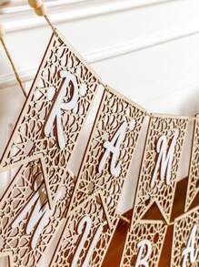 1 Set Eid Mubarak Banner, Wooden Eid Mubarak Decor, Rustic Beaded Eid Decoration Banner, Ramadan Party Supplies, Suitable For Home Fireplace Indoor/Outdoor (Black, Gold, White) - Multicolor - View 10