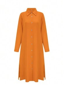 1 pieza Vestido camisero de mujer de manga larga, unicolor, de solapa única, casual y elegante