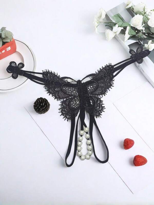 Sexy Lingerie Big Butterfly Beads Open Cute Underwear Sexy Women's Fashion Bottom Pants Transparent Thong Temptation T Pants