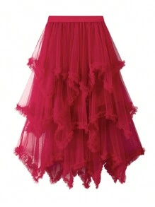 Women Layered Tulle Long Skirt Fashion High Waist Solid Color Frill Trim Ruffle Midi Skirt - Burgundy - View 1