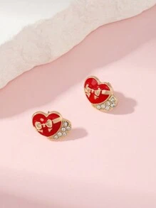 1 Paar Ohrringe mit Herzform und Schleife aus Zinklegierung, geeignet für Frauen an Valentinstag und für legere Dates