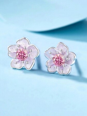 2pcs 925 Sterling Silver Sakura Flower Stud Earrings Inlaid With Cubic Zirconia, Suitable For Women's Daily Wear