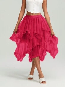 Women Layered Tulle Long Skirt Fashion High Waist Solid Color Frill Trim Ruffle Midi Skirt - Burgundy - View 9