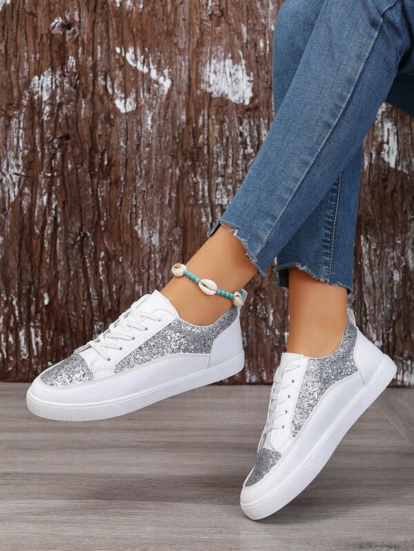 Damen Sneaker in Großen Größen mit Paillettenbesatz, silbrig glitzernde flache Lässig Schnür-Sportschuhe für die Schule, vielseitig einsetzbar