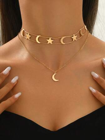 1 件复古中东新月和星星吊坠双层项链，简约多层锁骨链，节日礼物珠宝