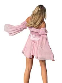 Womens Casual Long Sleeve Dress Fashion Solid Color Mesh Yarn Boat Neck Loose Short Dress - Pink - View 5