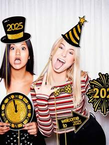 1/25PCS/Set Large Premium Photo Booth Props Set For All Occasions - Wedding Props, Birthday Props, Graduation Props,2025 New Year's Eve Party(Black And Gold) - 2025 Black Gold Photo Props - View 2