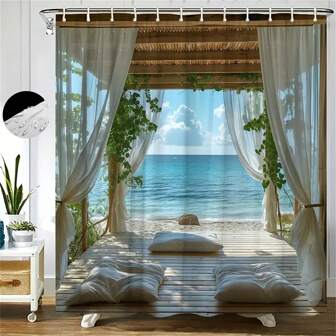 Douchegordijn met strand- en luchtlandschap en haken - waterdicht polyester - perfect voor alle seizoenen, ideaal voor huisdecoratie en badkamerafscheidingen. Badkamerdecoratie voor thuis. Herfstdecoratie. Badkameraccessoires. Terug naar school.