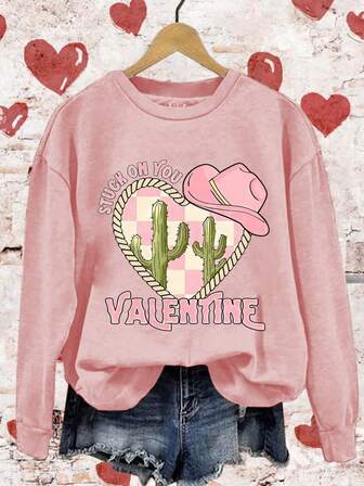 Valentine's Day Stuck On You Valentine Print Women's Round Neck Long Sleeve Casual Hoodless Sweatshirt, Autumn And Winter,Chinese New Year, Lunar New Year, Year Of The Year Of The Horse, Spring Festival,Happy New Year , Valentine's Day, Valentine's Gift, Valentine's Day Gift For Her, Valentine's Present
