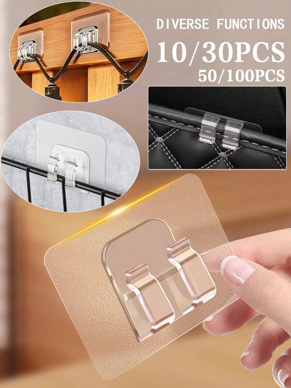10/30/50pcs Waterproof Transparent Plastic Hooks Set, Wire Fixers Clips - Suitable For Car Floor Mat, Bathroom Organizer, Outdoor String Lights, Cable Management - Durable, UV Resistant, Clear Self-Adhesive Clips - Perfect For Hanging Christmas Lights, Cable And Rope Organizing