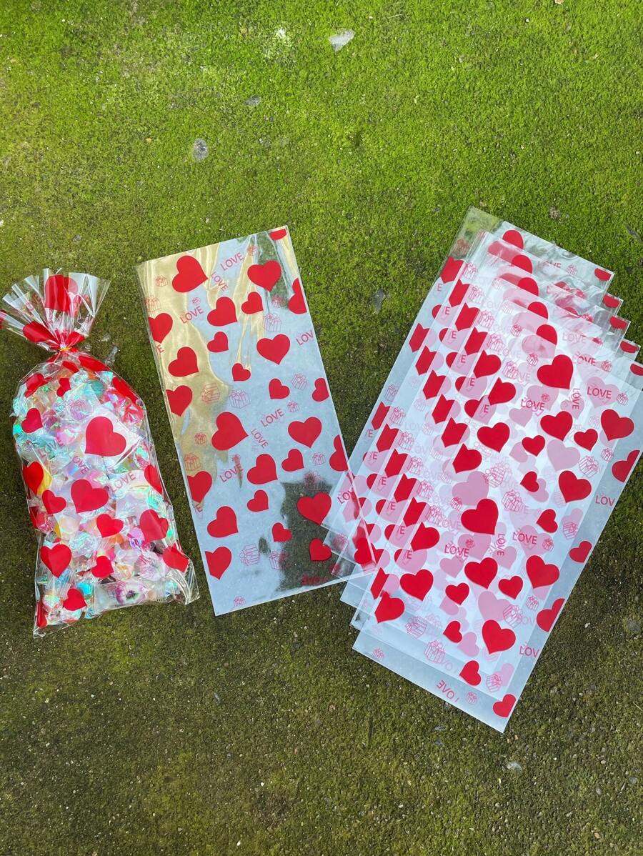 50 件红色爱心“LOVE”印花礼品包装扁平袋，搭配金色丝带领带，情人节心形图案透明礼品包装 OPP 袋，适合情侣/情侣礼物、派对装饰返校情人节 - 紅色 - 查看 1