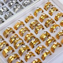 Set de 10 anillos de pareja, anillos de boda de acero inoxidable con cristal en forma de corazón, unisex, accesorios para fiesta - Anillo par de diamantes en garra - Ver 2