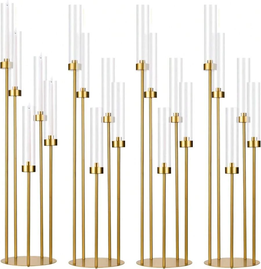 4pcs Metal Candelabra Tall Floor Candle Holder With Acrylic Lampshade For Wedding Table Centerpieces ,39.4'' Tall Gold Floor Candelabra Candlesticks Holder For Birthday Party Home Decoration Event Decor Fit LED Taper Candles