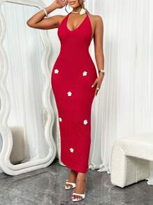 Robe femme à col en V profond rouge romantique, sans manches, style ras-du-cou avec décoration de fleurs 3D, pour les vacances/rendez-vous, style long