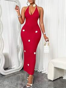 Robe femme à col en V profond rouge romantique, sans manches, style ras-du-cou avec décoration de fleurs 3D, pour les vacances/rendez-vous, style long