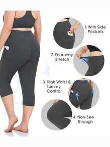 6PCS Set Plus Capri Leggings For Women Spring Yoga Pants High Rise Tummy Control Full Way Stretch Pocket Leggings - 2gray+2blue+2black - 查看 5