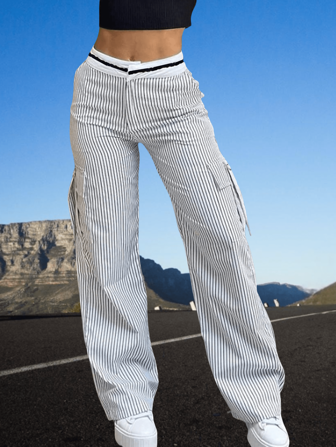 Simple Striped Print Contrast Color Waist Double Side Pockets Straight Leg Casual Pants, Suitable For Outdoor