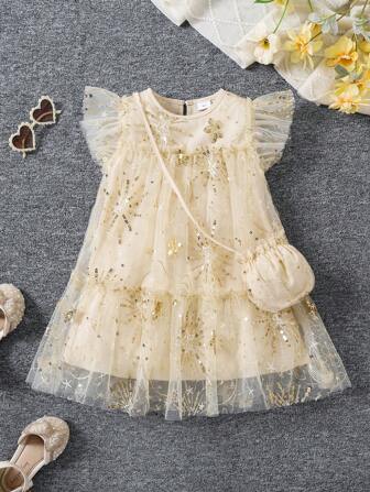 Young Girl High-End Beaded Embroidery Fashion Princess Dress With Crossed Bag And Ruffle Sleeves, Summer