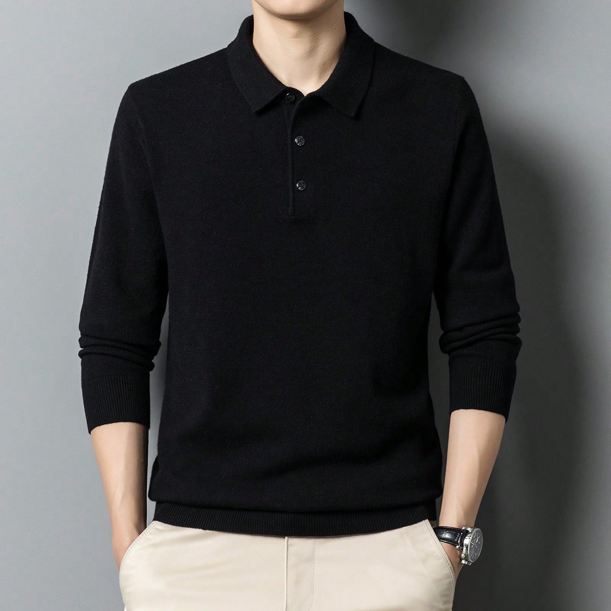 Jersey de punto ligero con cuello polo para hombre, de manga larga, para otoño/invierno