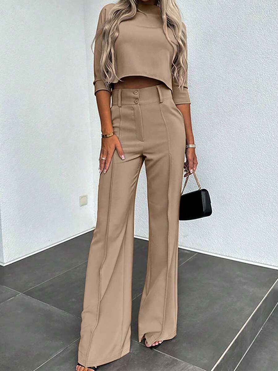 ChicMe 2pcs Women's Work & Casual Outfit Set, Including Round Neck Cropped Top And Button Flare Pants With Pockets