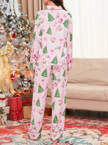 Women Silk Satin Christmas Pajamas Xmas Long Sleeve Sleepwear Holiday Print Two Piece Pjs Pants Set - 粉色 - 查看 6
