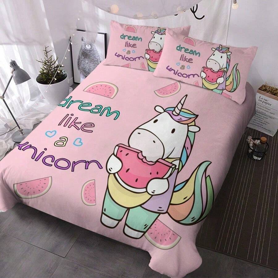 3 Pieces Unicorn Watermelon Duvet Cover Set For Comforter Bedding Queen Size Pink - default - View 1