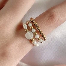 Juego de 3 anillos de mujer con piedras naturales y perlas falsas, de acero inoxidable minimalista de alta gama, apropiado para uso diario, vacaciones, boda y fiesta