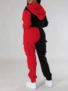 两件套女士运动套装，加厚抓绒撞色抽绳连帽衫和工装运动裤，秋冬休闲装 - 彩色 - 查看 6