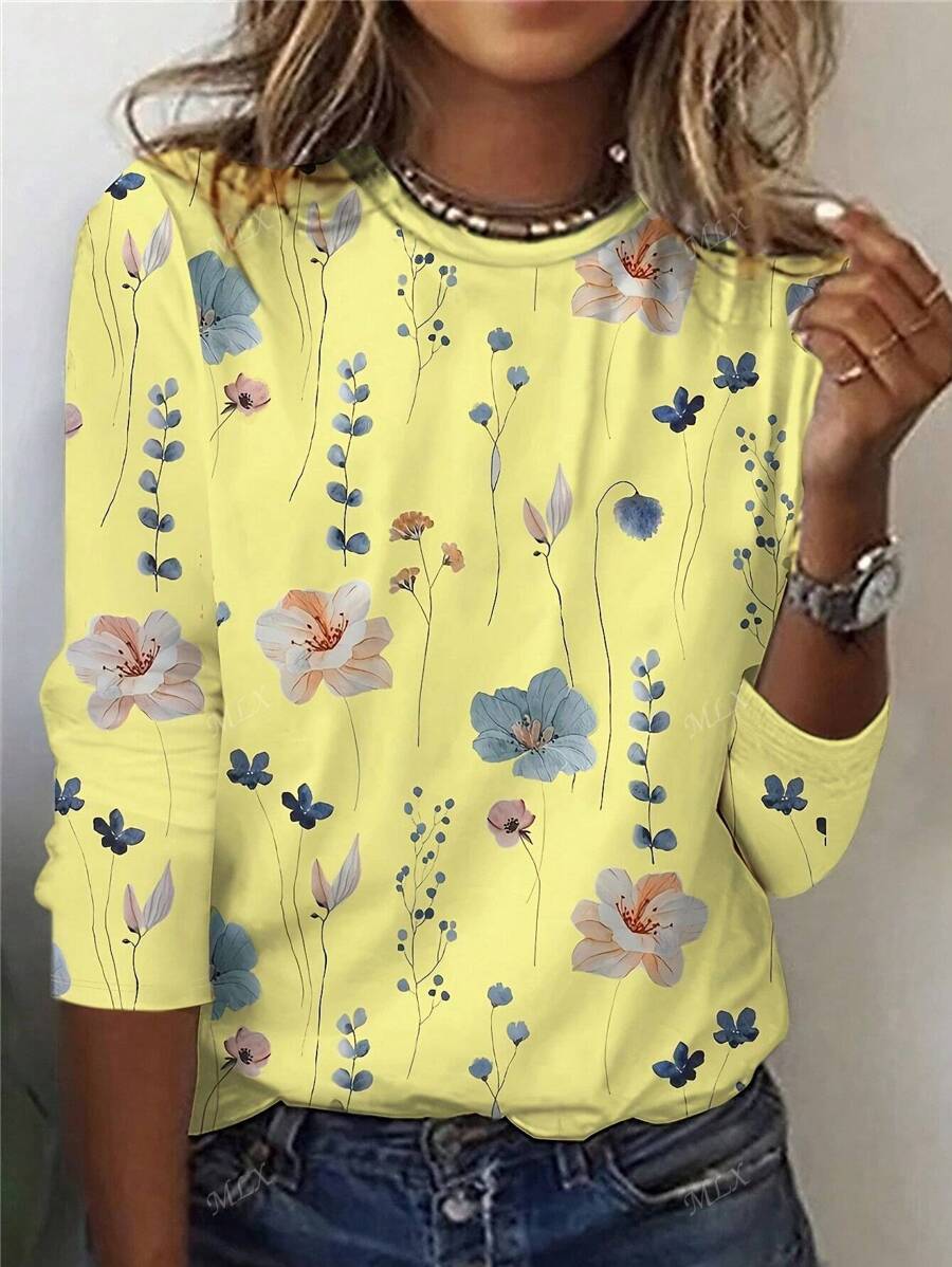 Jersey de punto de cuello redondo de manga larga con estampado, para primavera/otoño