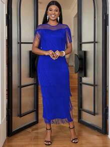 Women's Short Sleeve See-Through Gauze Patchwork Fringe Dress, Banquet, Host, Date, Birthday Spring Outfits For Women