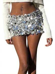 Women Wrapped Half Dress, Sequined Summer Spring Fall Dance Street Club Party Short Skirt - Silver Gray - View 1