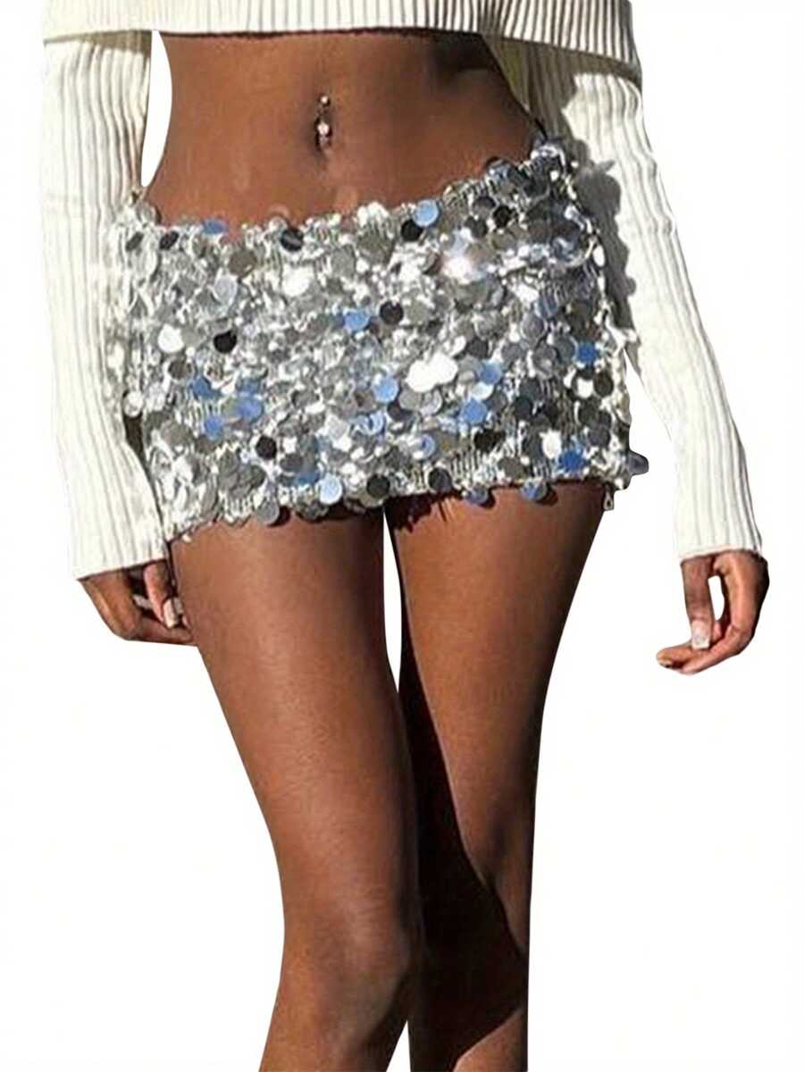 Women Wrapped Half Dress, Sequined Summer Spring Fall Dance Street Club Party Short Skirt - Silver Gray - View 1