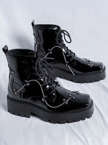 Choiran Motorcycle Boots Men's Motorcycle Square Shoes Retro Punk Metal Ankle Boots Winter Boots For Men - 黑色 - 查看 4