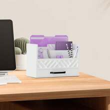 DALTACK White Wooden Computer Organiser With Drawers, Multi-Functional Mail Organiser And Mail Rack, Computer Accessories And Workspace Organiser With 5 Compartments And Drawers For Office Art Supplies - Trắng - Xem 4