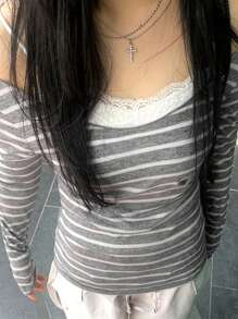 Women's Off Shoulder Tops Slim Striped Long Sleeve Casual T-Shirt For Fall Streetwear