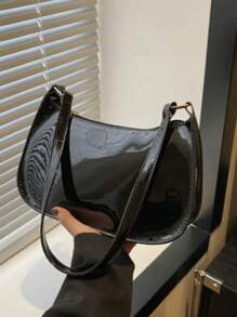 Women's Patent Leather Bag, Moon Baguette Model, Zipper Closure! - 黑色 - 查看 3