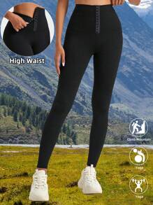 [New Arrival] Women's Outdoor Snap Button Skinny Leggings, Black Sports Casual Slim Fit Tights