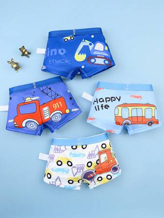 4 件装 男童舒适透气卡通工程车印花三角裤短裤套装