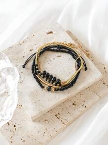 4pcs CCB Rice Bead & Imitation Crystal Stone Bangles Bracelets, Minimalist Fashion Personalized Beach Style Accessories For Women (Mixed Rice Beads, No Fixed Position)