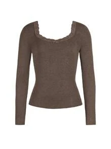 Women's Y2K Lace Trim Crew Neck Knit Long Sleeve Top, Casual & Sexy, Suitable For Back To School Season, Autumn Spring - Brown - View 8